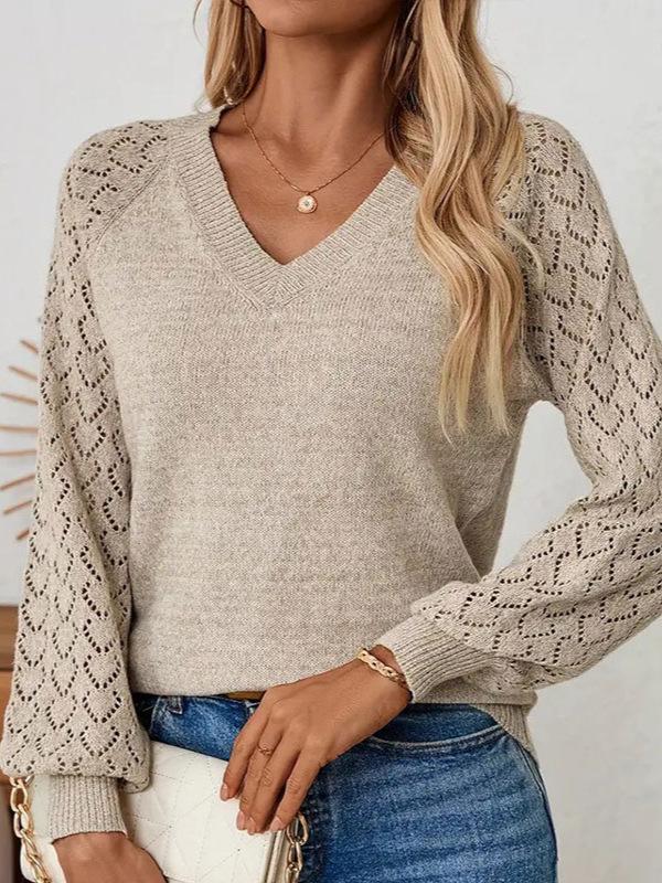 Women's Woolen V-neck Knit Sweater - Autumn/Winter, Solid Color, Long Sleeve, Loose Fit