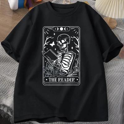 Reader Tarot T-shirt Skull Reading T-shirt Summer Book Lover Bookish Women's T-shirt Graphic T Shirts Aesthetic Clothes Fashion