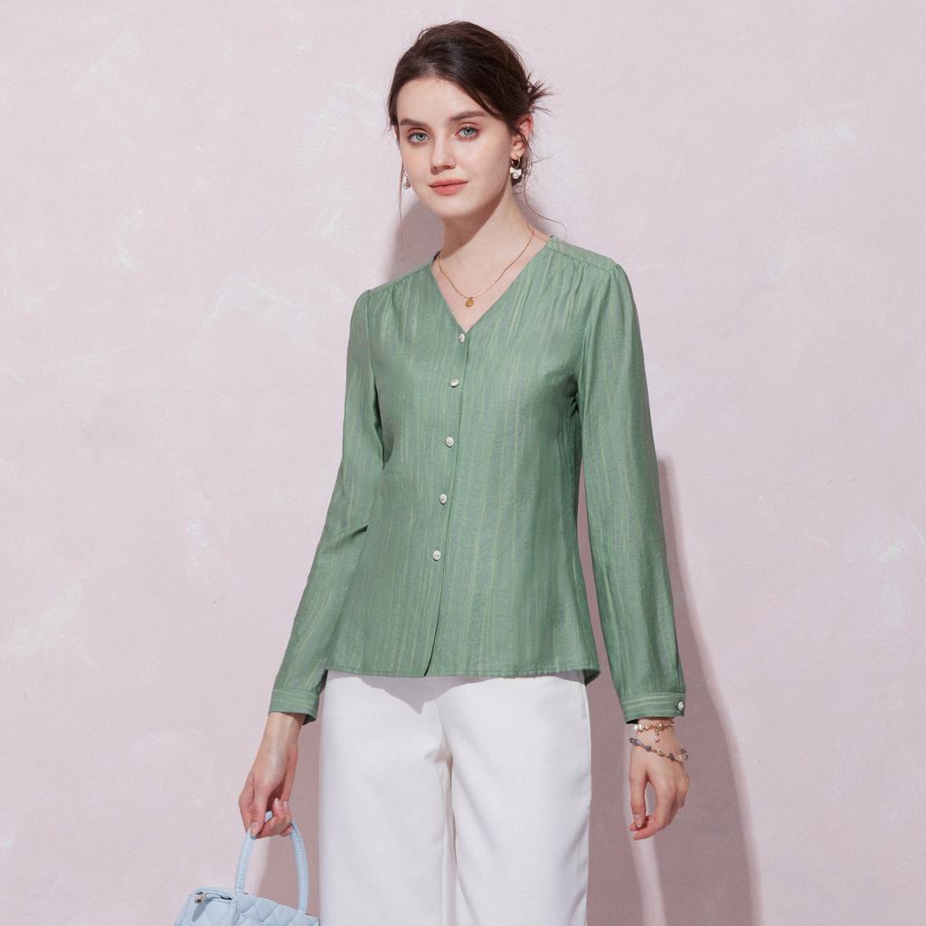 [Fashionable V-neck Shirt] Women's 25 Autumn Style Vertical Stripe Sensation Gentle and Intellectual Ability Long Sleeve Top