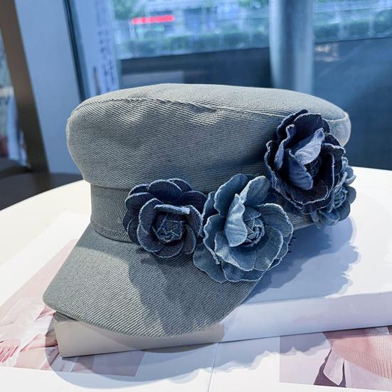 Pălărie de pictor cu bor larg Protecție solară Vizor respirabil Pălărie pentru modelarea feței Decorațiune cu flori 3D Pălărie tip șapcă Newsboy din denim spălat