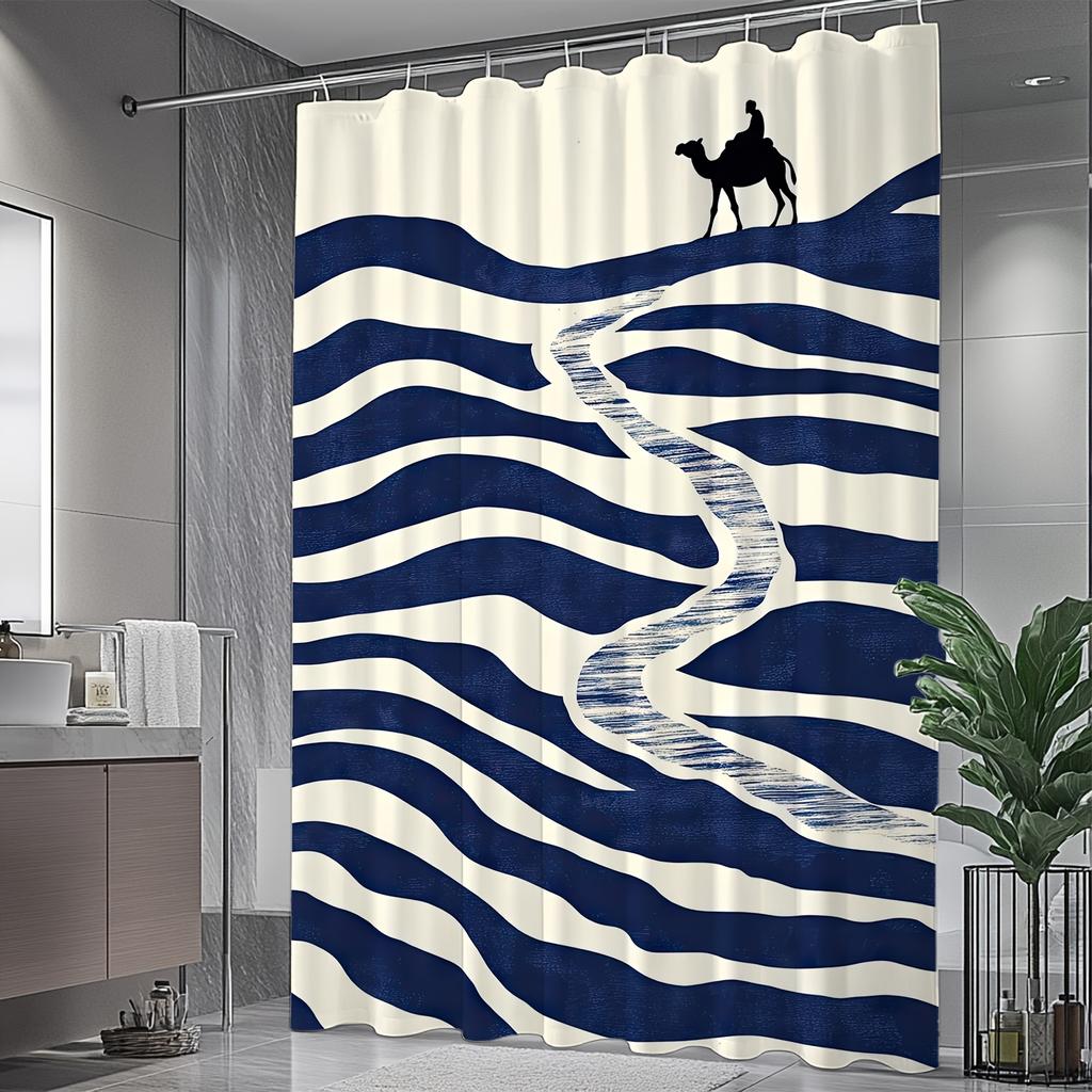 Modern Abstract Wave Shower Curtain - Navy Blue & White Stripes, Polyester Fabric, Machine Washable, Contemporary Bath Decor