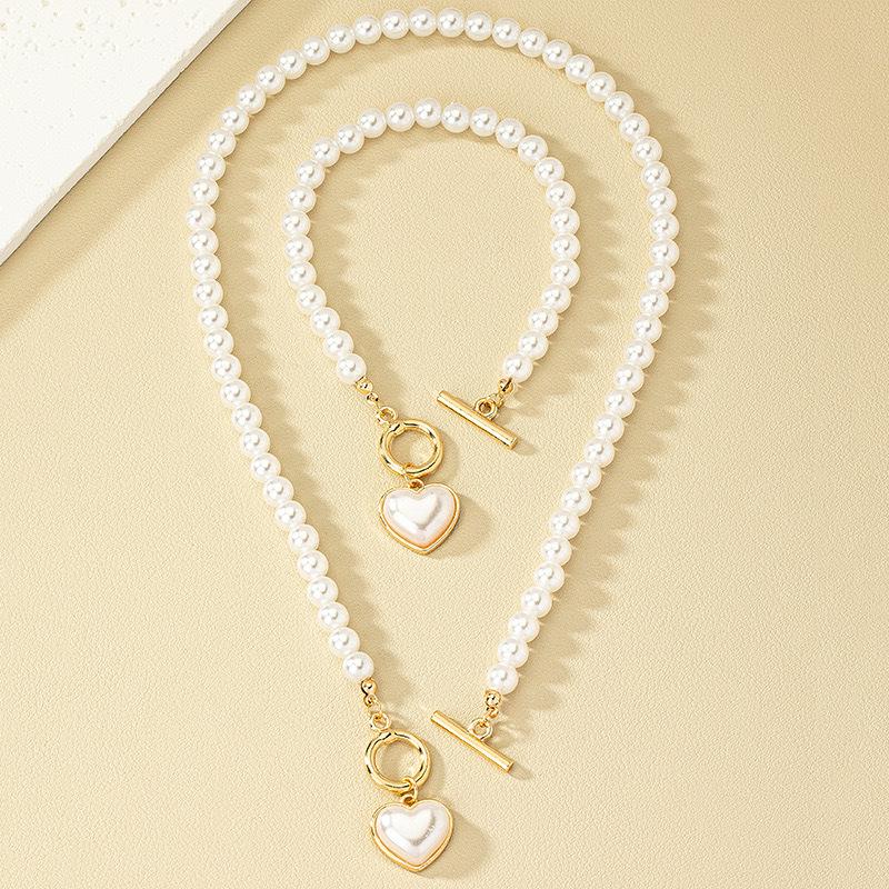 Elegant French Pearl Heart Necklace & Bracelet Set