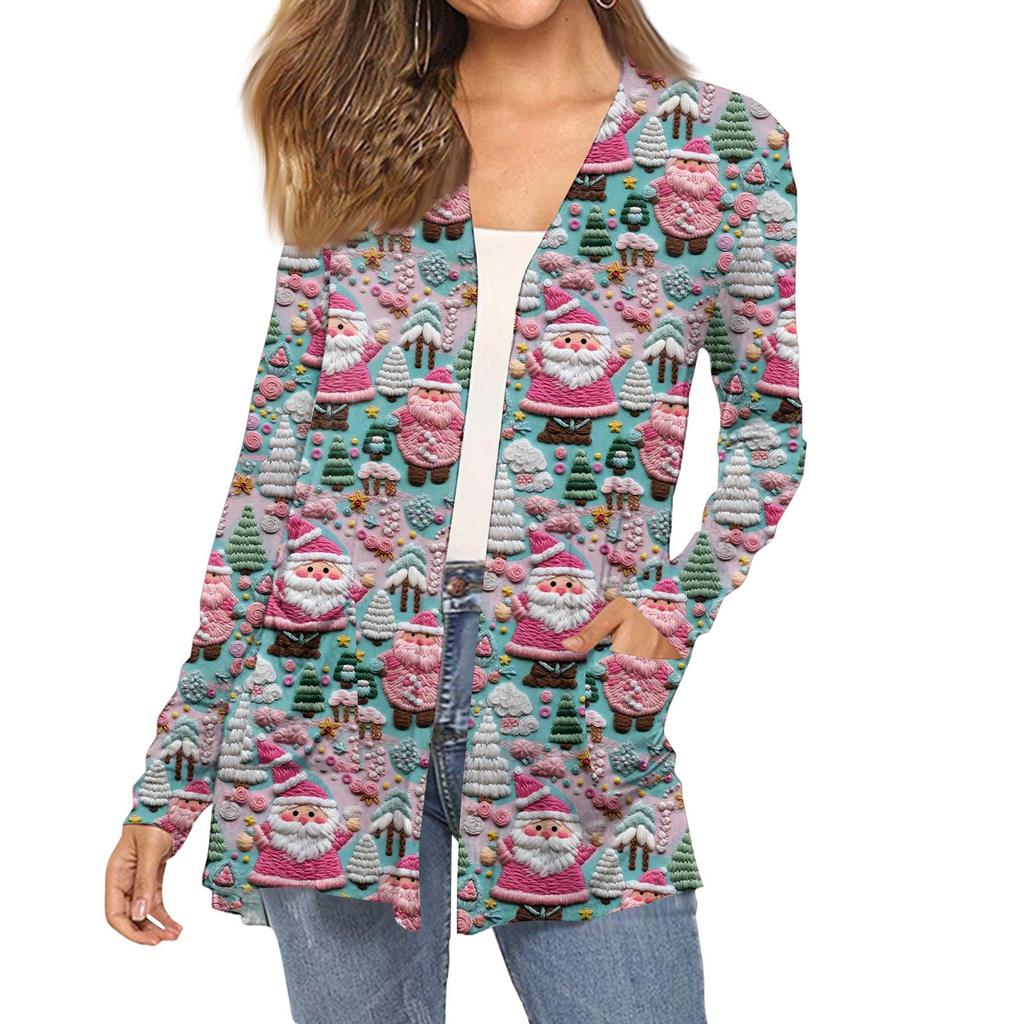 Dámský módní vánoční potisk dlouhý rukáv kapsy slim fit kardigan kabát