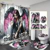 1/3/4pcs Gothic Angel Bath Curtain Set, Black and Pink Winged Woman with Skulls Print Bathroom Decoration, Bathroom Accessorie