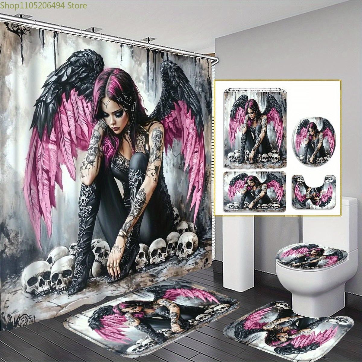 

1/3/4pcs Gothic Angel Bath Curtain Set, Black and Pink Winged Woman with Skulls Print Bathroom Decoration, Bathroom Accessorie 4pcs-Set