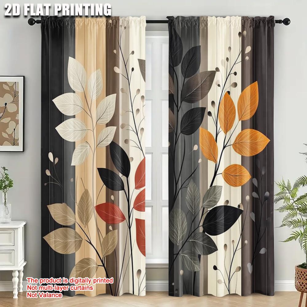 2pcs, Creative Curtains 2D print Black and Brown Leaves with White Flowers Polyester Easy Install (without rod) Decorations