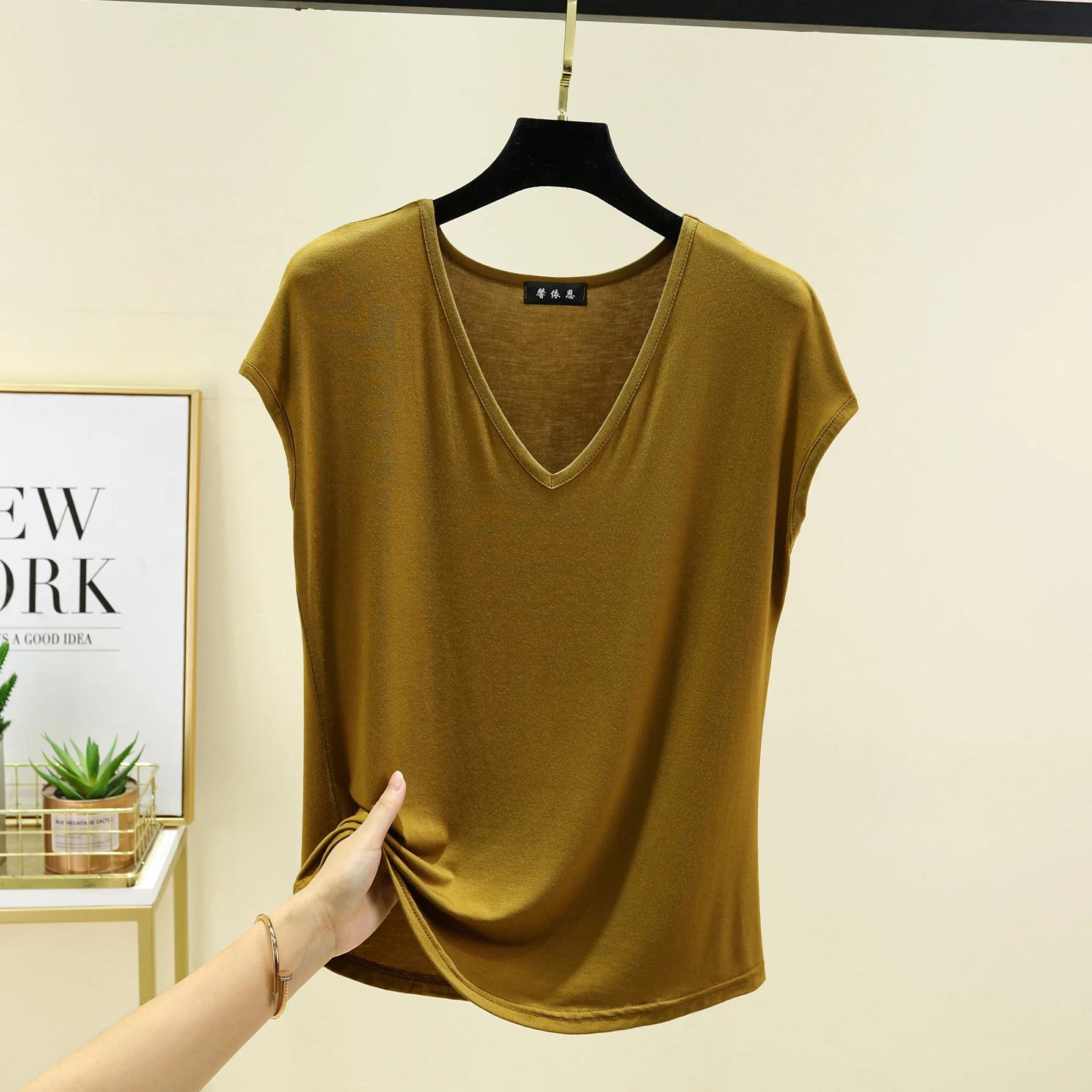 

Modal V-Neck Tank Tops Summer Women s T-shirts Sleeveless Plus Size Thin Casual Loose Tee Tops S жёлтый