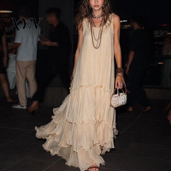 Light Beige Skirt Summer Ruffle Tiered Swing Dress for Women, Boho Beach Daily Outing Flowy Maxi Sundress, Sleeveless A-line Loose Long Casual