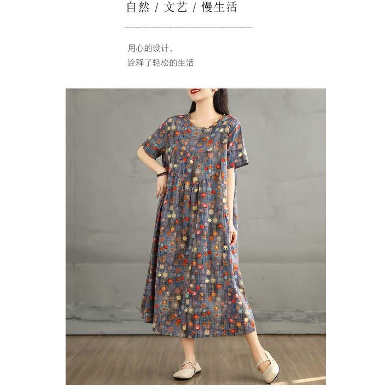 Summer New Retro Round Neck Flower Pocket Short Sleeve Dresses for Women