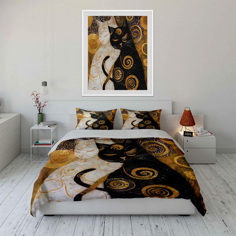 Golden Artistic Cat Decor Set Bedding Set with 1 Duvet Cover 2 Pillowcases Single Double King Queen, Gift