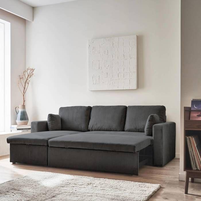 Dark Grey Corduroy Convertible Corner Sofa - IDA - 3 Seater. Reversible Corner Armchair Storage Chest Bed