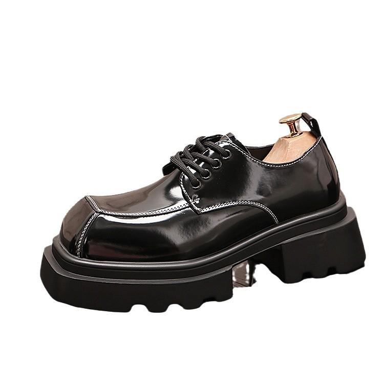 Low Cut Square Toe Patent Leather Shiny Surface Men's Style Thick Sole Lace Up Groom's Wedding Shoes Black Big Head Business Formal Leather Shoes