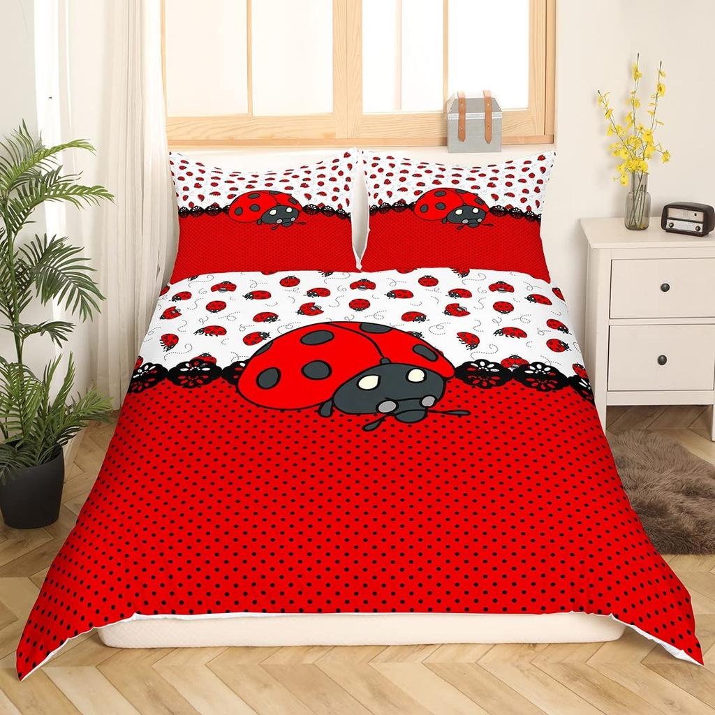 Comforter Ladybug Comforter Set Ladybug On Green Leaf Wild Wildlife Theme Microfiber Bedding Set 3Pcs For Kids Teens