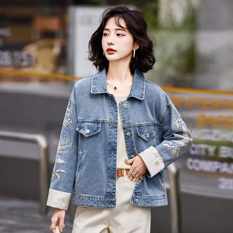

Женская повседневная короткая джинсовая куртка - Весенний тренд 2025 года, длинный рукав L (110-125 jin) синий