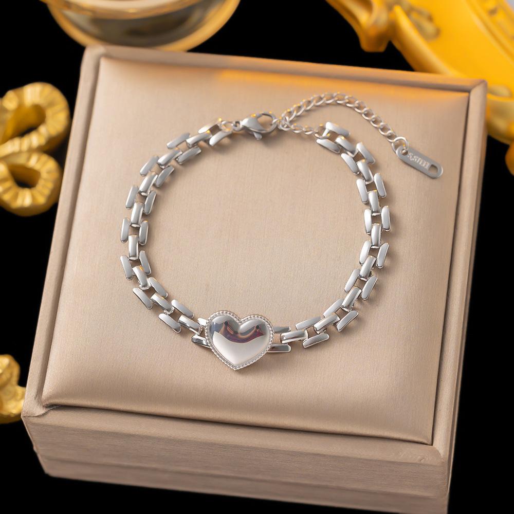 Strap‑Detail Love Titanium‑Steel Thick‑Chain Bracelet, European‑American Personalized High‑Sense Exquisite Women Bracelet