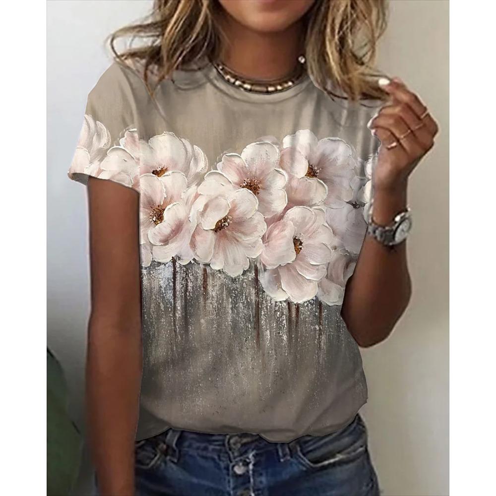 Flower Print t-shirt Women 3d flower Printing O-neck T-shirt Fashion Y2k Clothes Summer Oversized y2k Tshirt Women Clothing TOPS