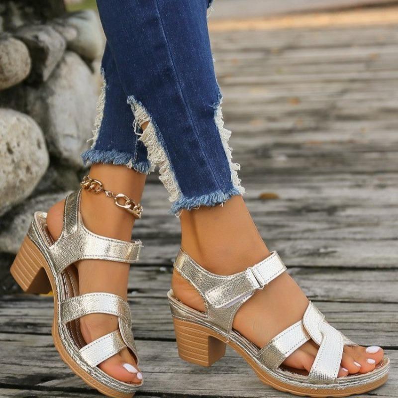 New sandals spring and summer high-heeled sandals leak toe cross strap Velcro high-heeled large-size sandals