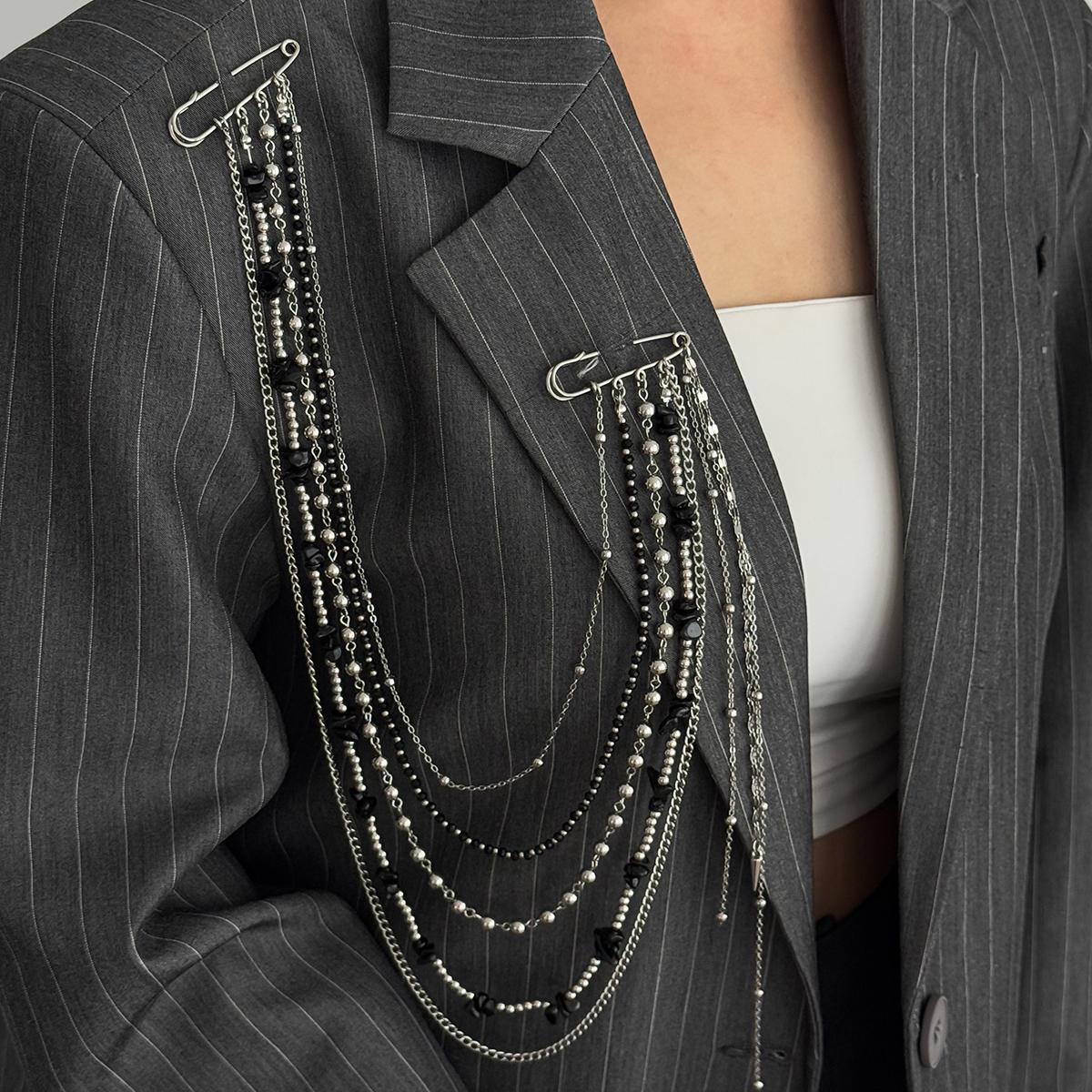 

Ingemark Personality Black Stone Crystal Beads Long Brooches Women Vintage Multi-layer Tassel Chain Shirt Suit Collar Pin Clip