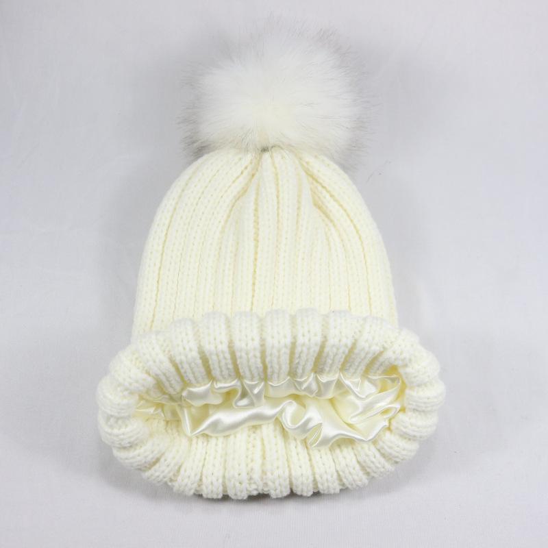 New Protective Hairstyle Silky Elastic Removable Hairball Satin Knitted Hat, Wool Hat, Ladies