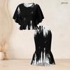 Women Plus Size Red Black Printed Round Neck Batwing Sleeve Ruffle Hem Top Fishtail Skirt Two Piece Set