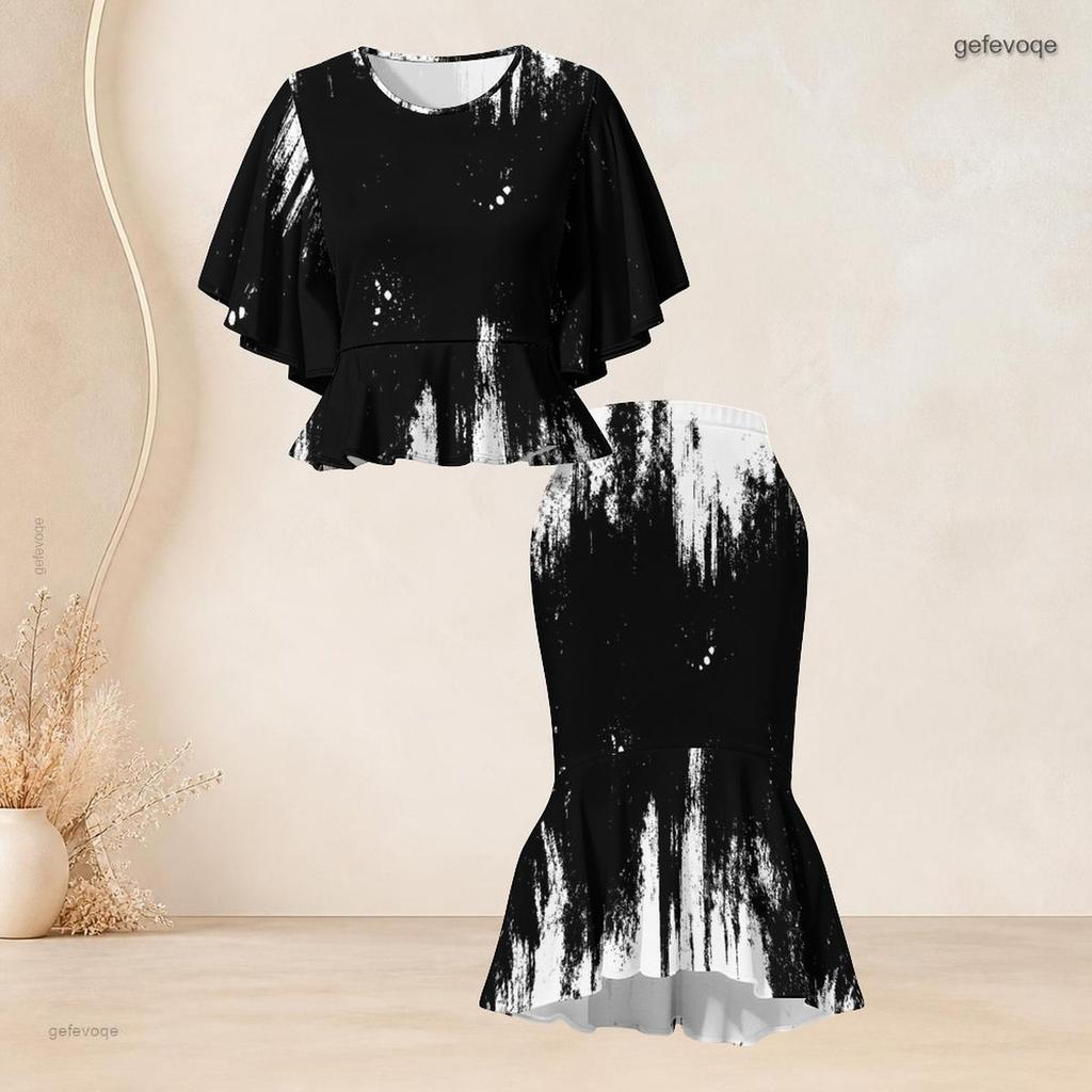 Women Plus Size Red Black Printed Round Neck Batwing Sleeve Ruffle Hem Top Fishtail Skirt Two Piece Set