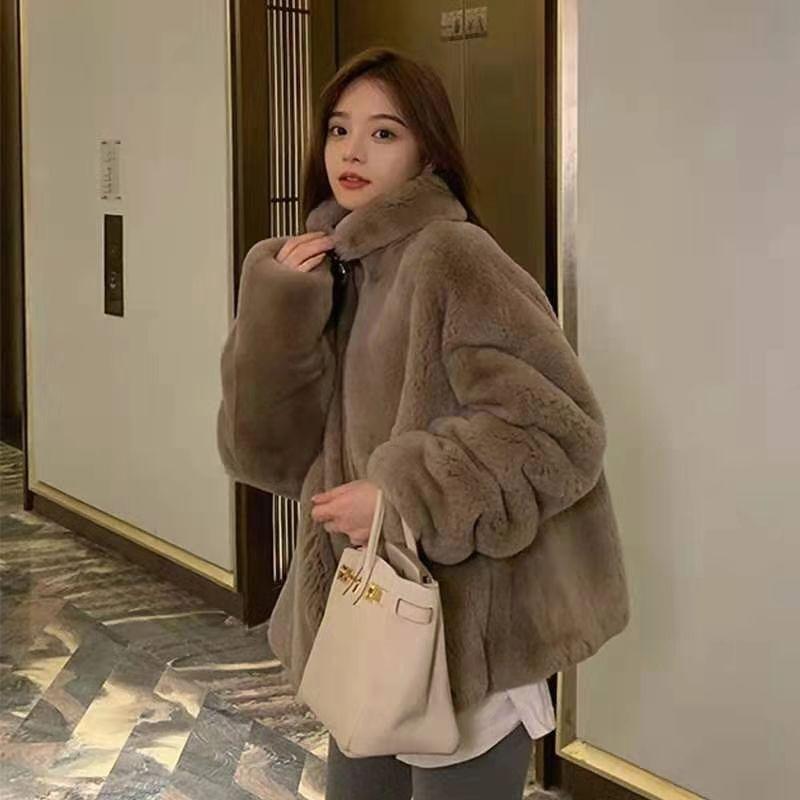 

Шуба из искусственного норкового флиса женская, новая, осенне-зимняя, свободная, пушистая, воротник-стойка, золотистый норковый флис XXL