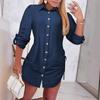 Wish autumn fashion long-sleeved solid color drawstring dress on both sides women