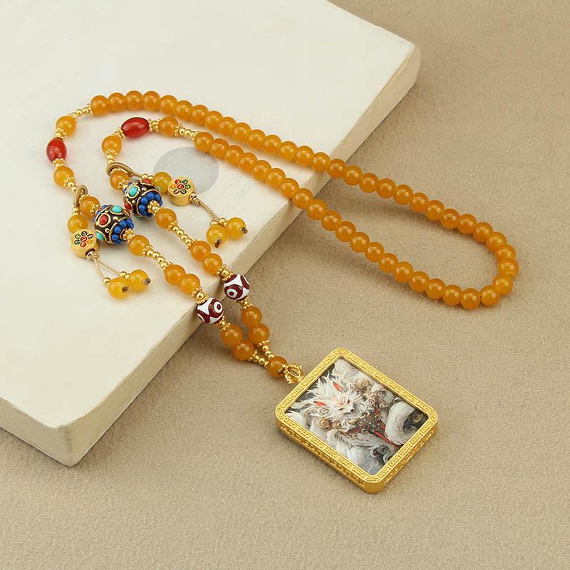 Tibetan Golden Thangka Fox Necklace with Yellow Bead Chain  Pendant Sweater Accessory