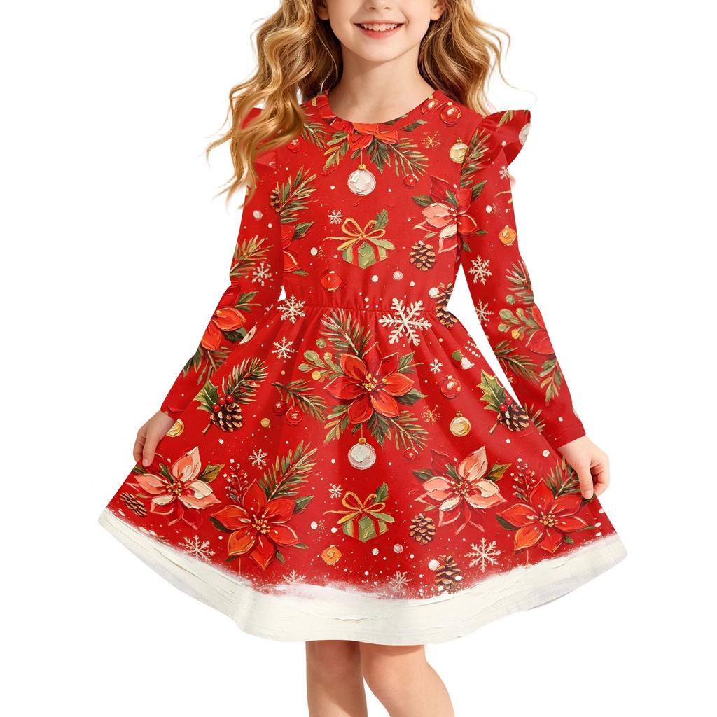 Girls Christmas Print Long Sleeve Dress with Sleeves for Holiday Party and