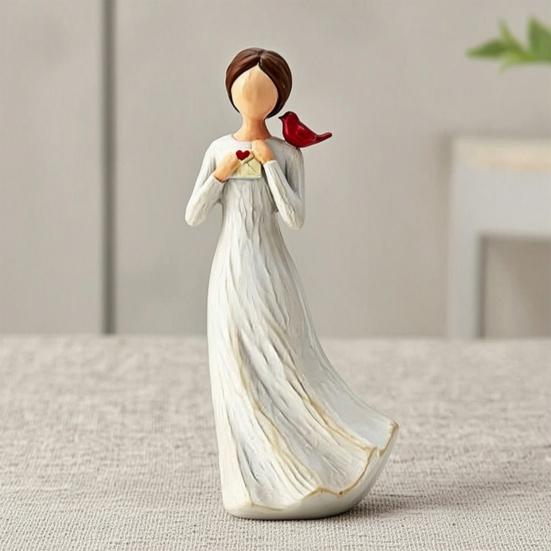 Hand Painted Girl Bird Figurine Resin Red Bird Standing on Girl's Shoulder Statue Sympathy Gifts for Loss of Loved One