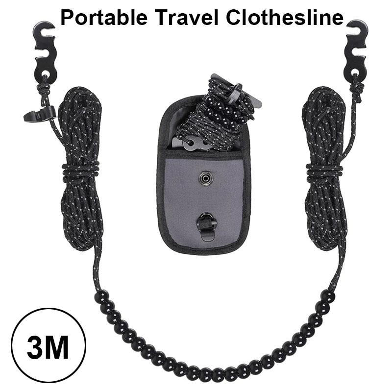 Portable 3M Travel Clothesline for Outdoor Adjustable Laundry Dryer Clothes Rope Windproof Reflective Rope Line with 24 Beads