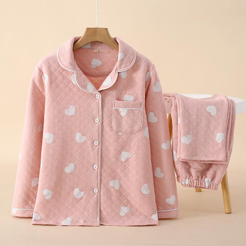Women's Pajamas Suit Thick Warm Cardigan Winter Pyjamas Sets Long Sleeve Flower Print Home Clothes Sleepwear