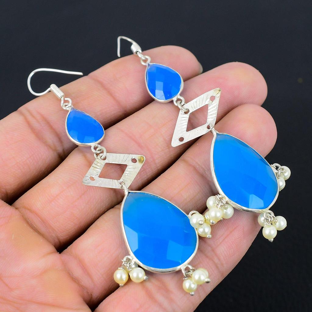 Halloween Sale 925 Sterling Silver Natural Blue Sapphire Drop Earrings Jewelry