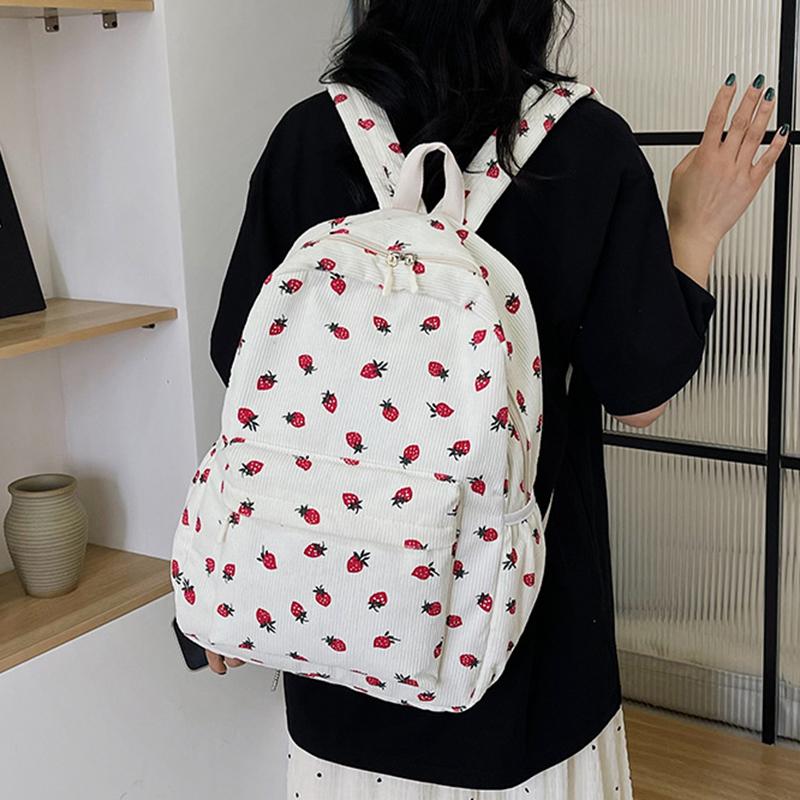 Cord Rucksack mit Erdbeermuster Lässiger Reiserucksack Große Kapazität Mode Teenager Tagesrucksack Verstellbarer Riemen für Outdoor-Reisen AVE