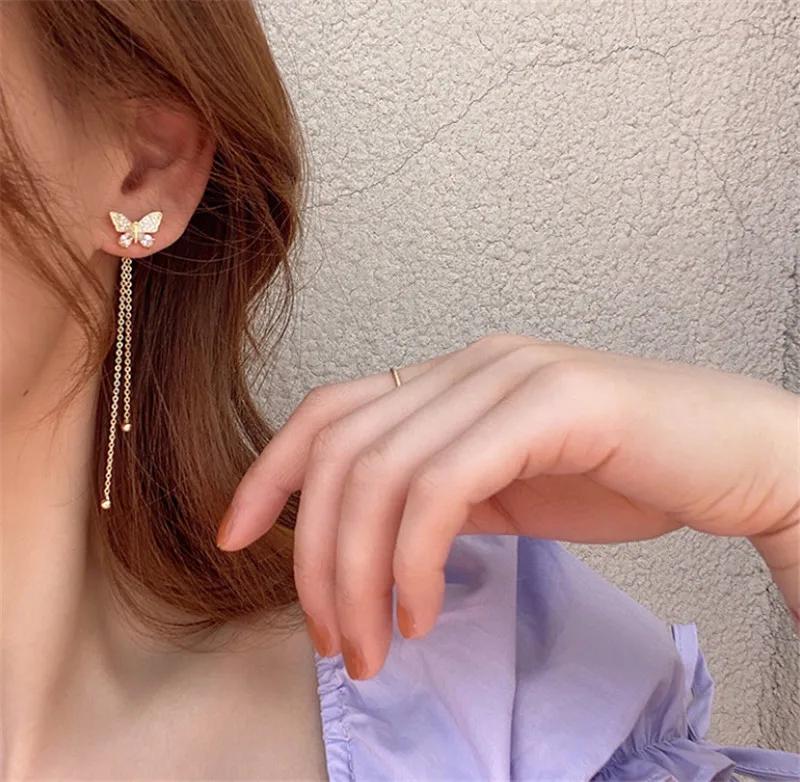 Korean Butterfly Tassel Drop Earrings for Women Fashion  Statement Shiny Rhinestone Earring Luxury Jewelry Wedding Party Gifts
