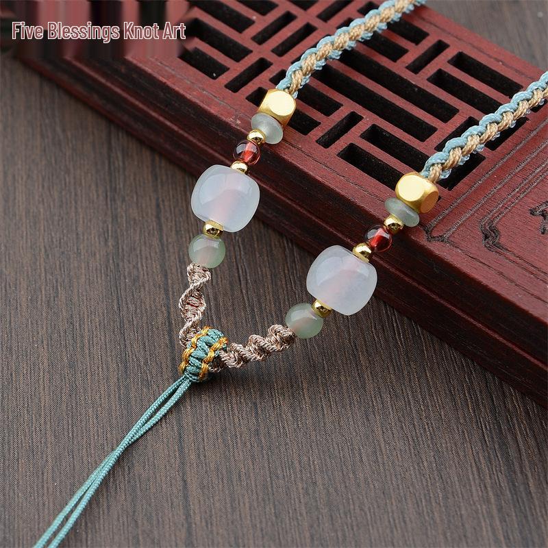 Four-Strand Braided Necklace Lanyard with Jadeite, White Agate, and Dongling Jade Pendant