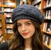 British retro plaid beret spring and autumn dome octagonal hat design sense pumpkin hat shows small face and big head circumference