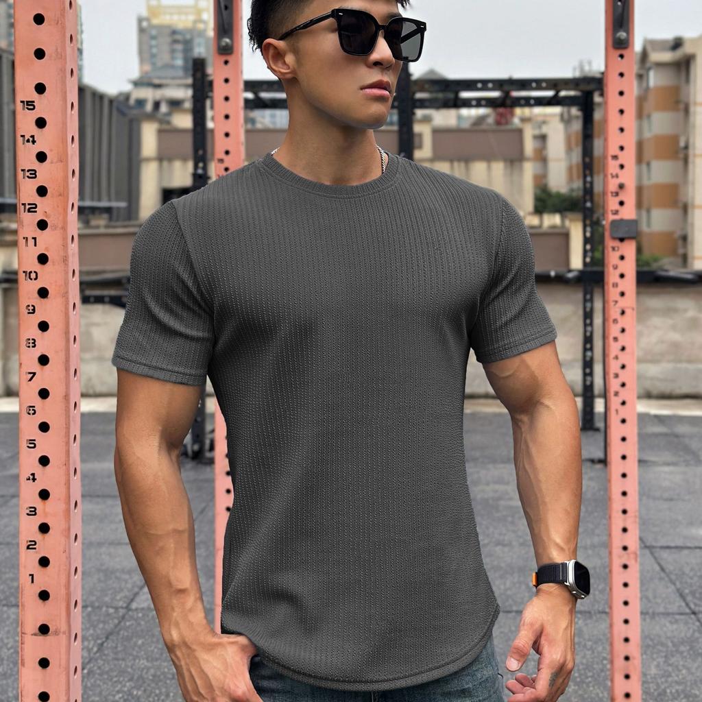 American Style Men's Summer Short Sleeve Slim Fit Fitness Top Solid Crew Neck Training T-shirt
