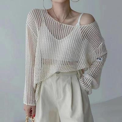 Suéteres de Punto de Verano para Mujer Dama Calado Malla Jersey Fino Transparente Manga Larga Tops Holgados Blusón Camisa Protector Solar