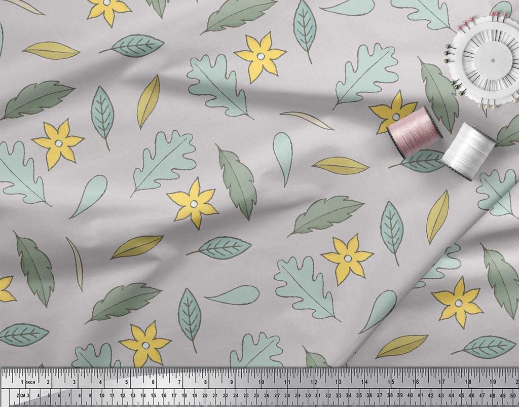 Soimoi Gray Japan Crepe Satin Fabric Leaf Floral Decor Fabric Printed Metre 42 Inch
