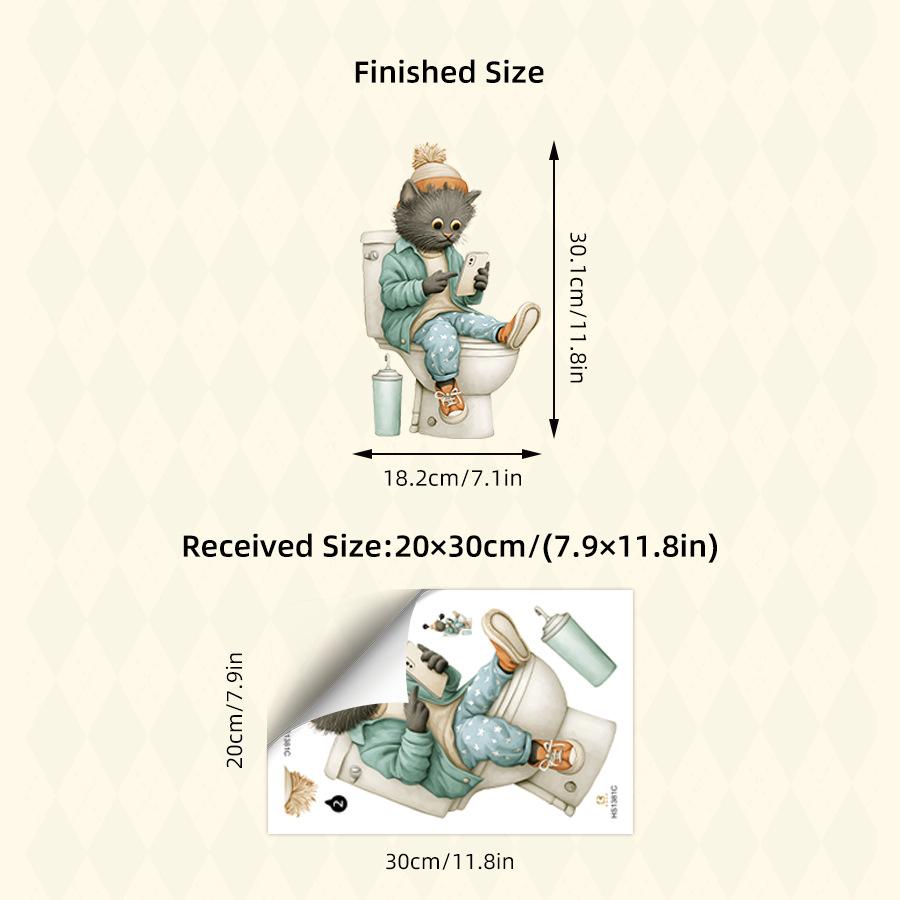Funny Cat Playing On Smartphone Toilet Sticker, Realistic Cartoon Self-Adhesive Decal for Bathroom Toilet Lid Decoration