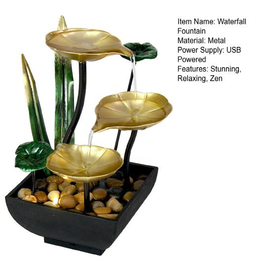 Relaxation Tabletop Water Fountain with Rocks 3 Tier Lotus Leaf Small Waterfall Fountain with Light for Indoor Zen Home Bedroom Desktop Decor