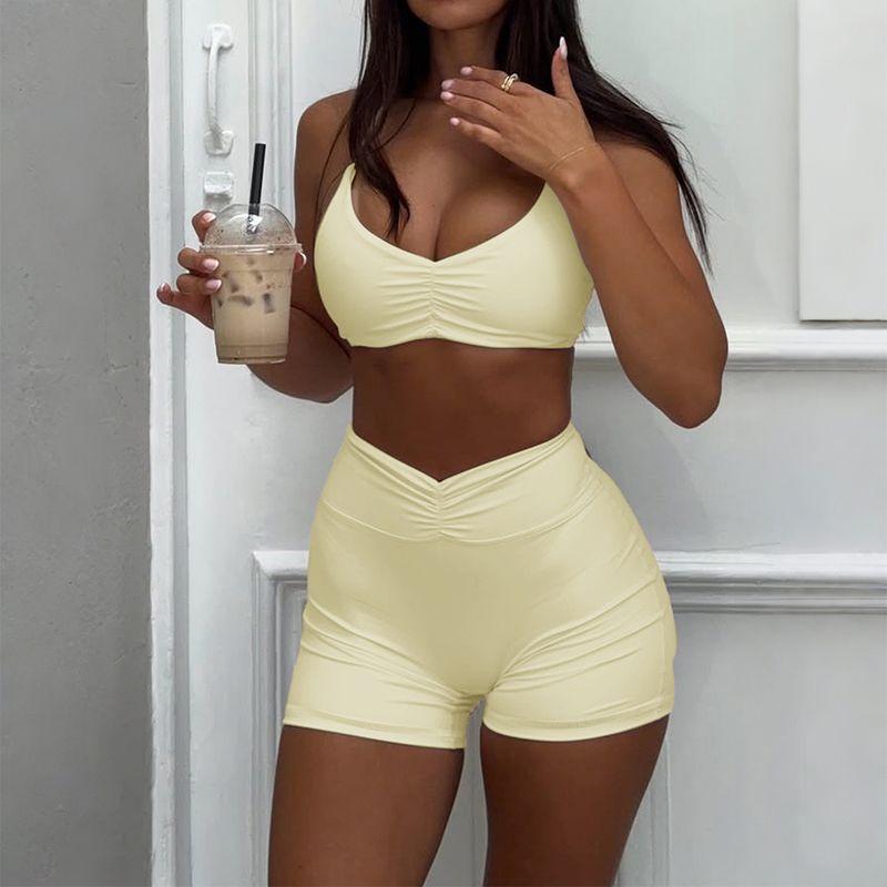 

Sports Yoga Style Hanging Neck Tube Top Summer Clothing Shorts Two-piece Suit Women clothes Spring and Summer Yellow XL