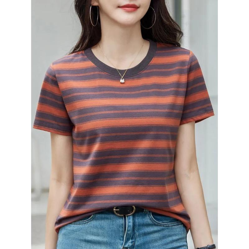 Women Green and Beige Striped Short Sleeve T-Shirt