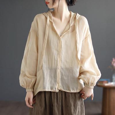Women's Summer Literary Loose Hooded Sun Shirt Beach Shirt Casual Thin Long-sleeved Jacket