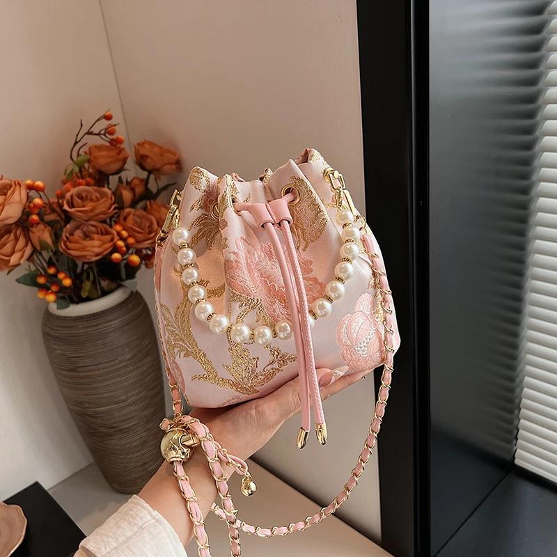 Bestickte Damentasche im nationalen Stil, Eimerform, feste Kordel, hohe Qualität, vielseitig, elegant, Schulter