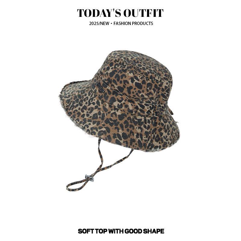 New Fisherman Hat Foldable Women's Letters Leopard Print Rogue Rope Sun Hat Big Brim Summer Outdoor Hiking Hat