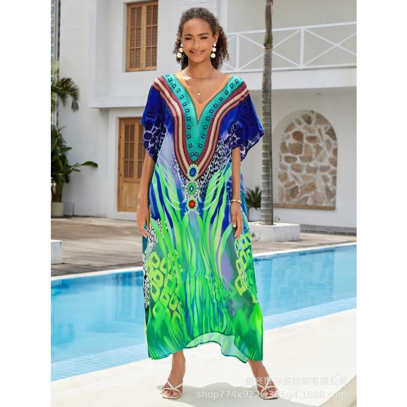 Plus Size Beach Print Dress for Women Bat Sleeve Bikini Suntan Cover Up