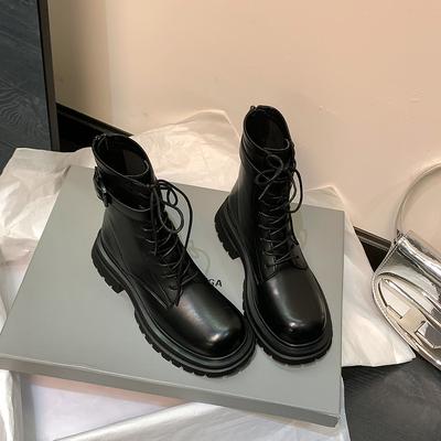 Wind Leather Thick-soled Martin Boots Women's Retro Short Boots 2025 Autumn and Winter New Elastic Belt Buckle Knight Boots