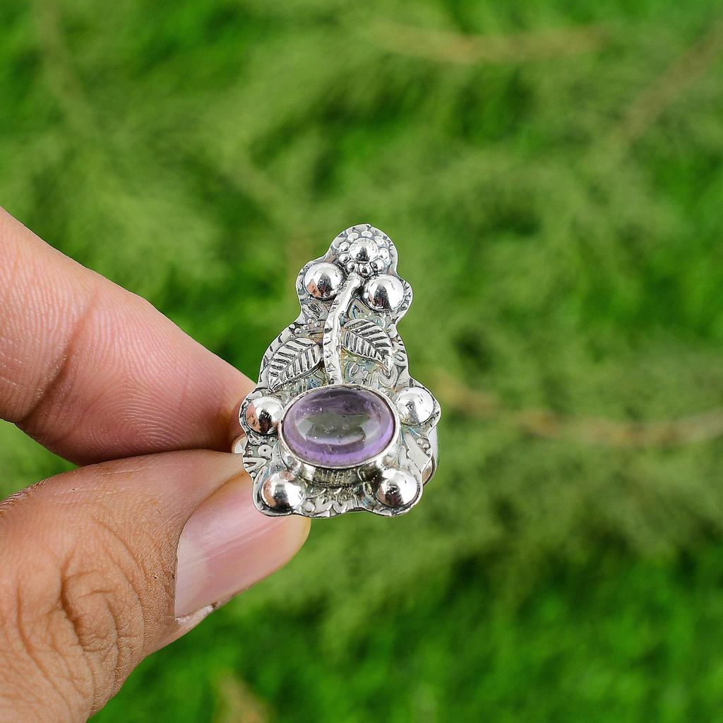Natural African Amethyst Promise Flower Adjustable Ring 925 Silver For Women